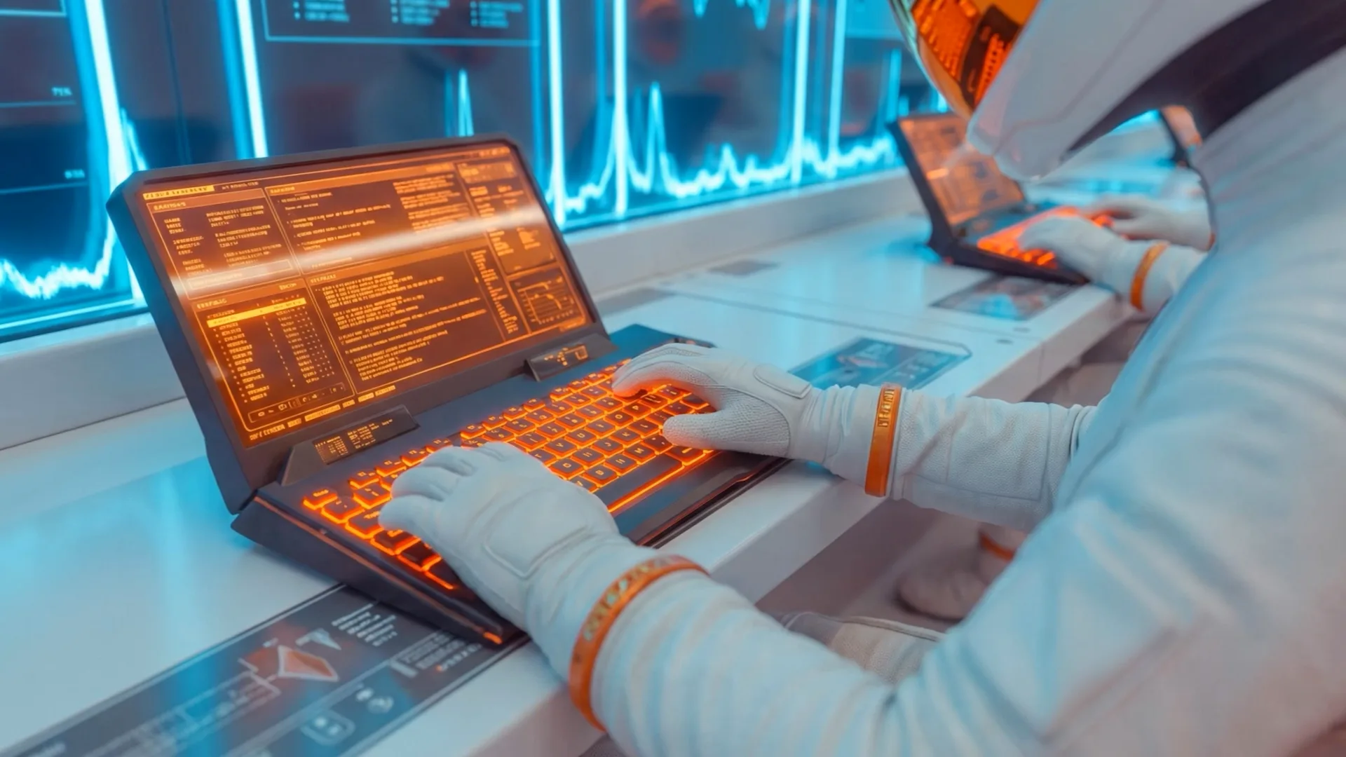 A crew at control room consoles, product data as curves on the wall