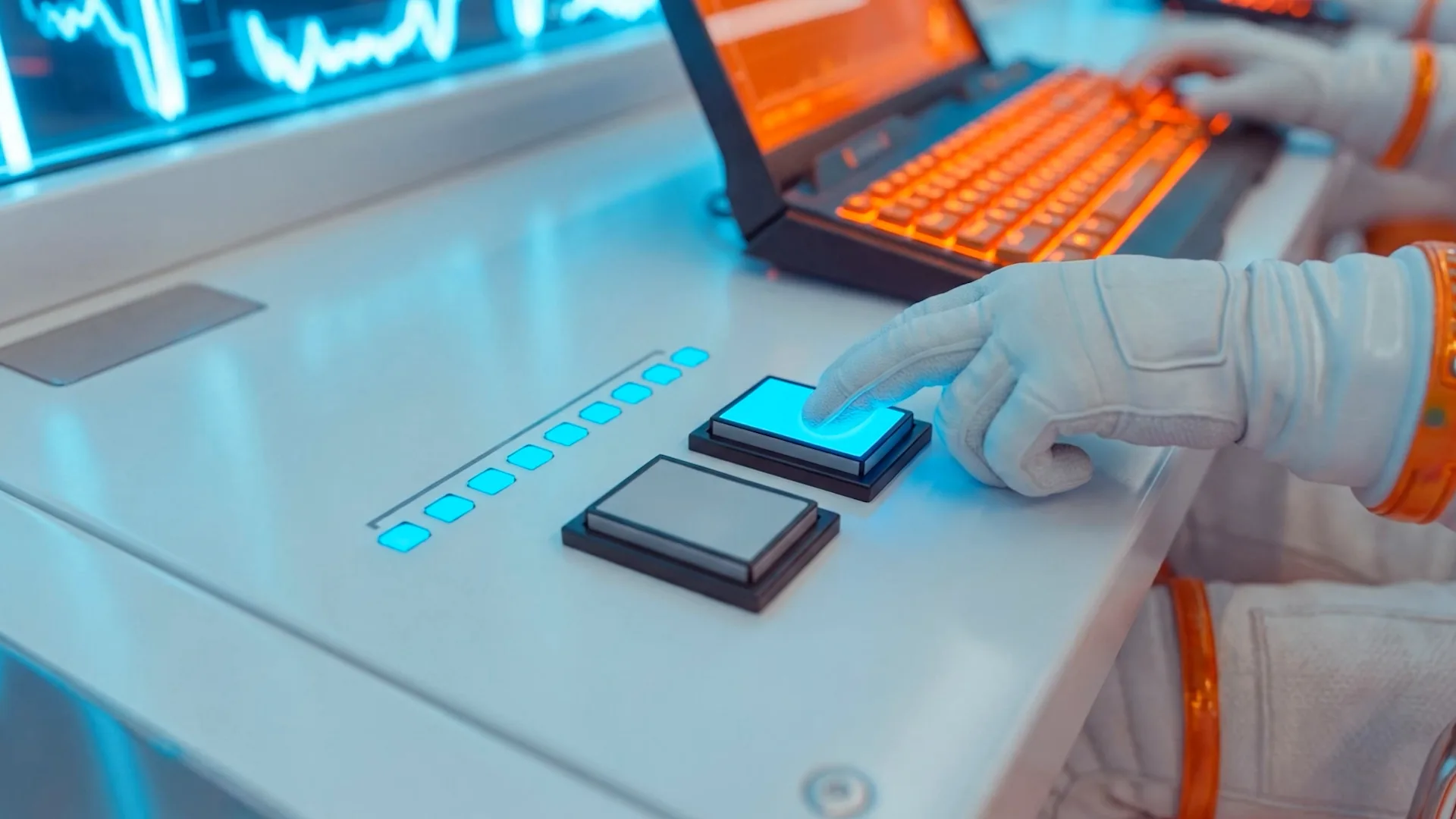 A gloved hand presses a console button that lights up