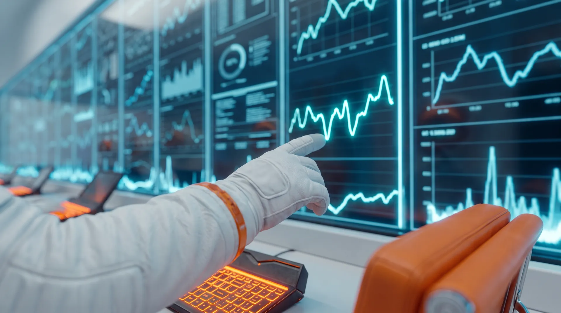 A gloved hand points at a curve on a data wall