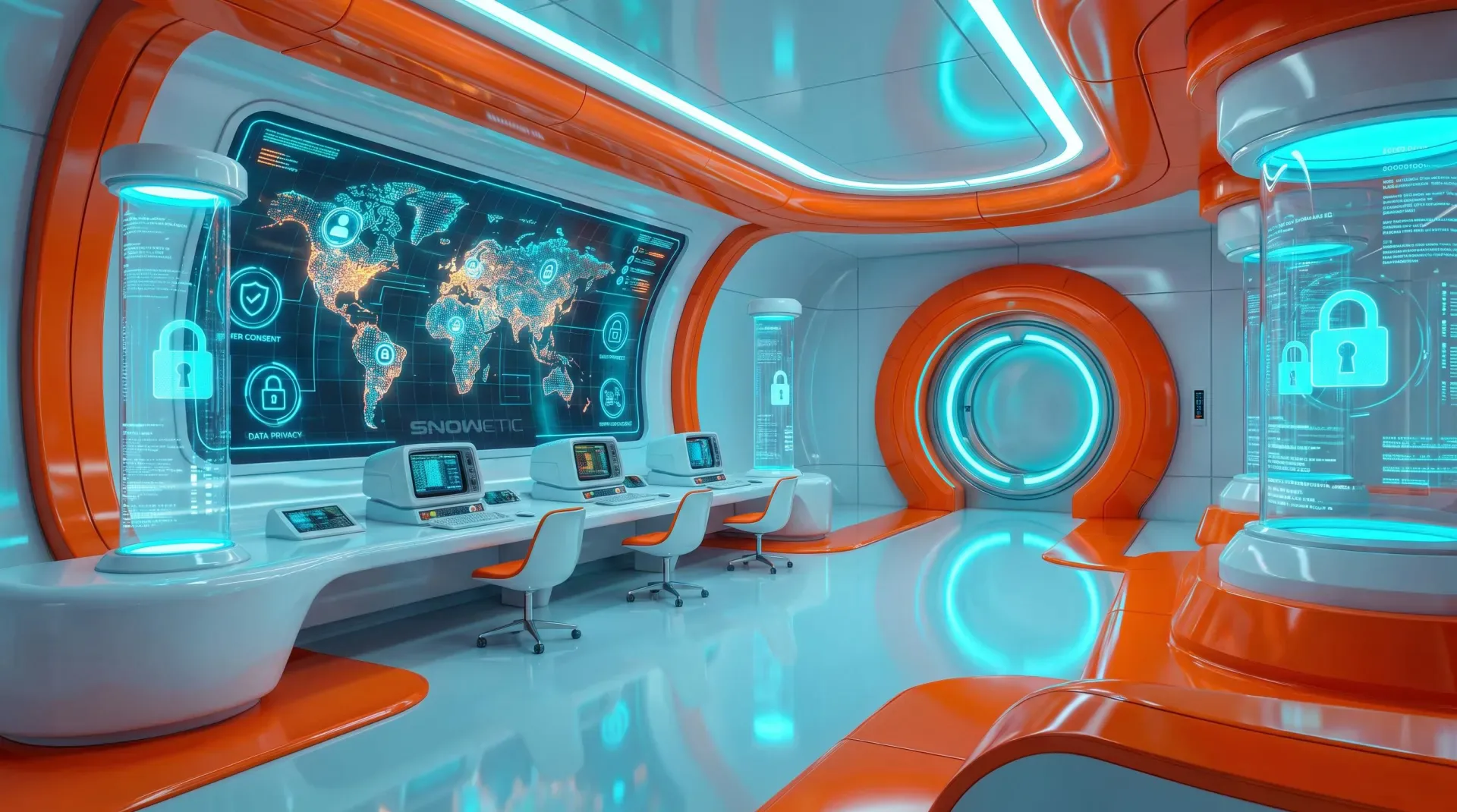 A control room wall with a world map and status displays