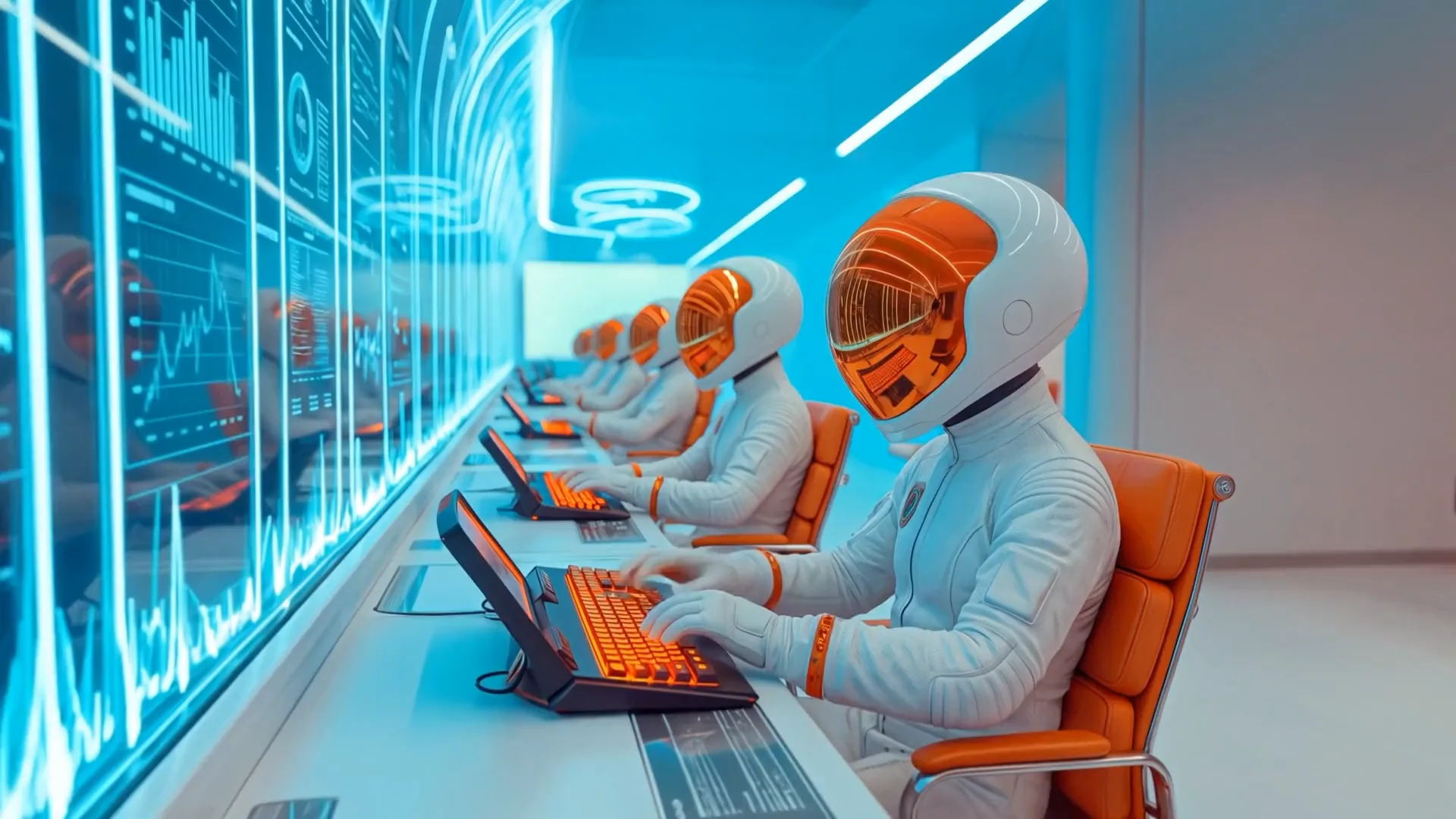 An astronaut looks up from the console