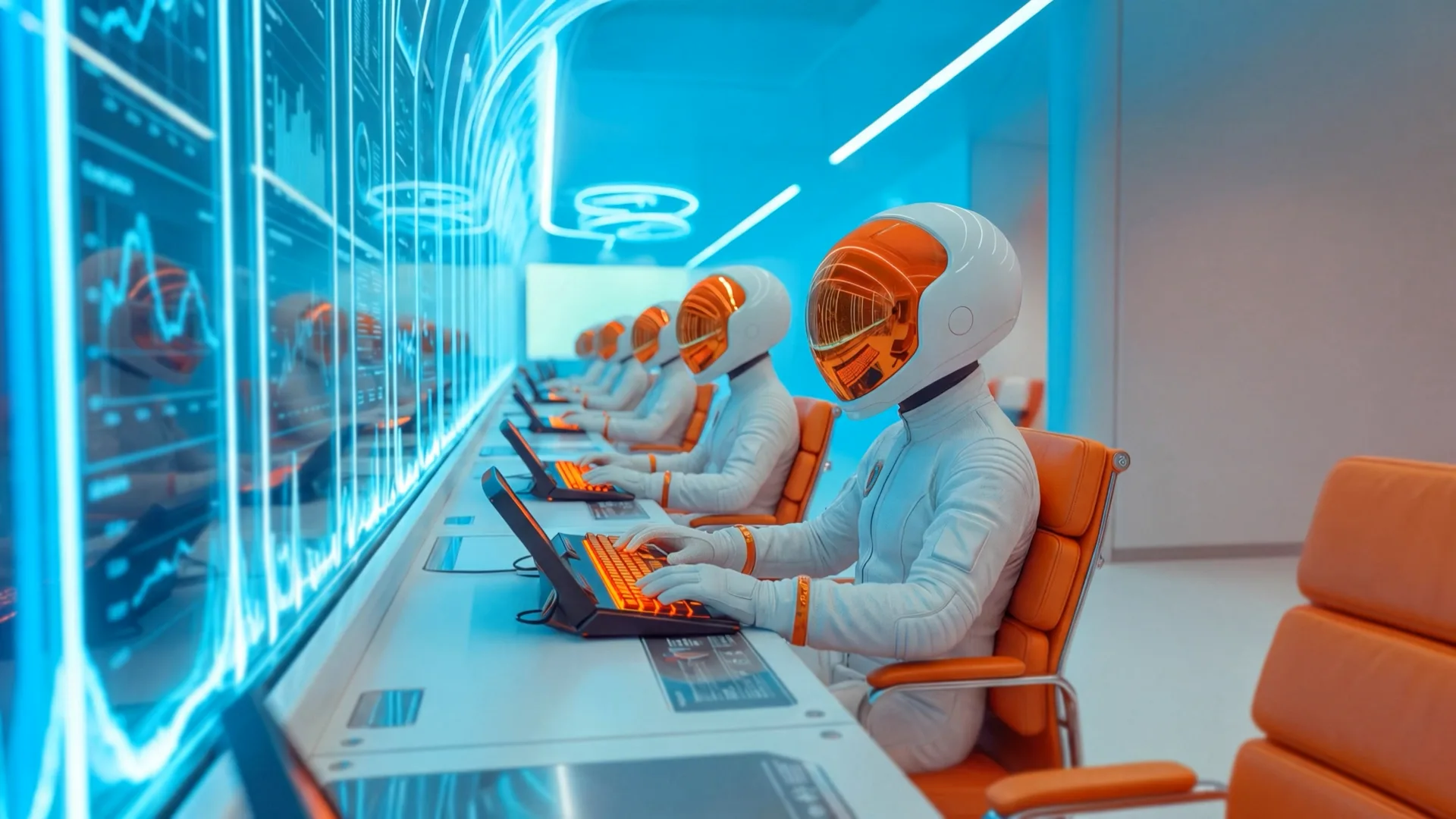 Astronauts at control room consoles, measurement data on the wall